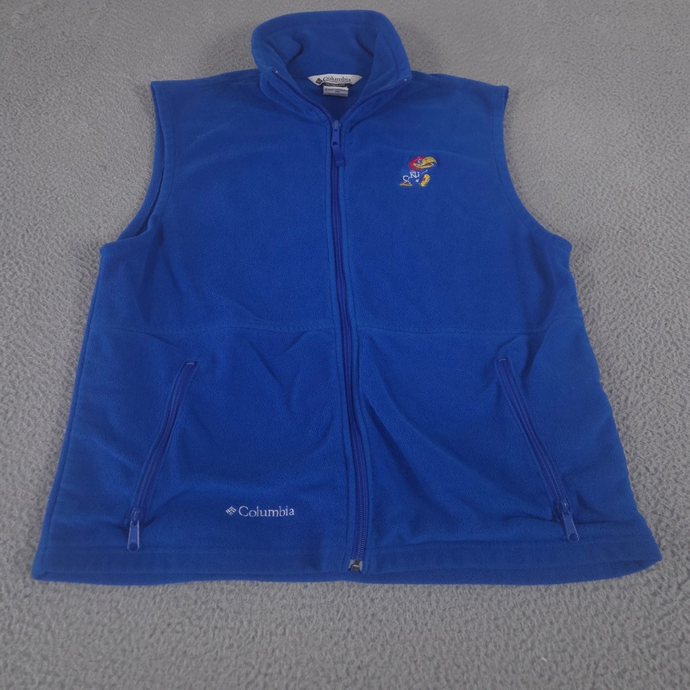 Columbia Vest Mens L Blue Kansas Jayhawks Fleece Full Zip NCAA Collegiate Logo